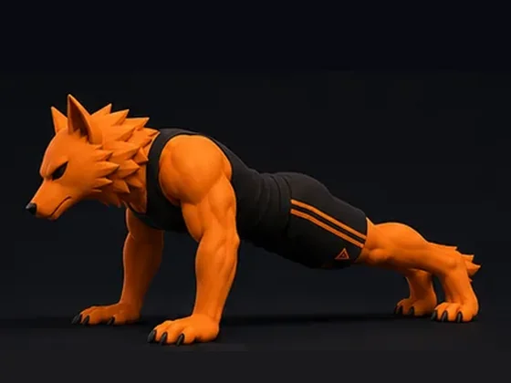 The wolf coach at the top of a push-up, arms straight, body in one line